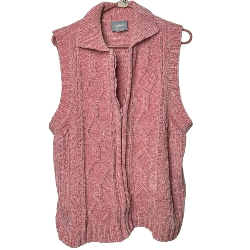 Blair Size Medium Zip Up Sleeveless Sweater Chunky Knit Grandmacore Pink